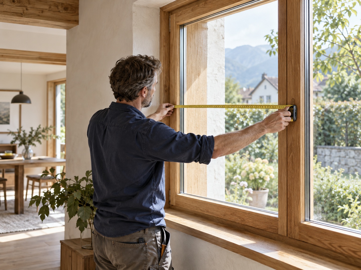 KI-generiertes Handwerksmotiv: Ein Schreiner nimmt an einem Holzfenster Mass